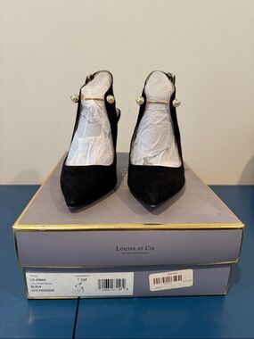 Louise et Cie Black Suede Pointed Mary Jane Pumps with Gold Accent